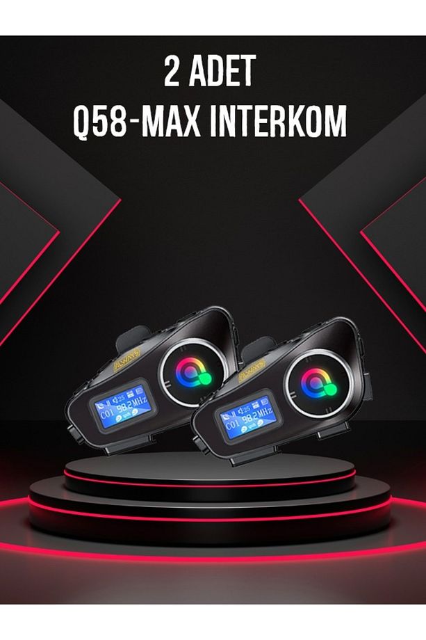 2 ADET Q58-MAX Radyolu Telsiz Özellikli 2 Kişi Bağlantılı Bluetooth Kask Kulaklık Ekranlı Fenerli Mü - 1