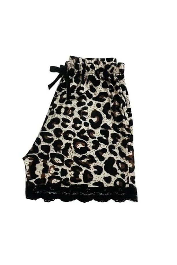 Kadın Milan Kumaş Leopar Desen Yaka ve Paça Güpürlü İp Askı Şortlu Pijama Takımı - 3