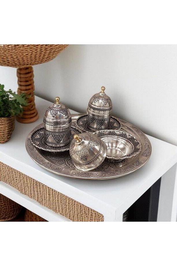 Bakır Fincan Takımı 2 Kişilik - Bakır Üzüm Desenli Türk Kahvesi Oyma 11 Parça Kahve Fincan Seti - 3