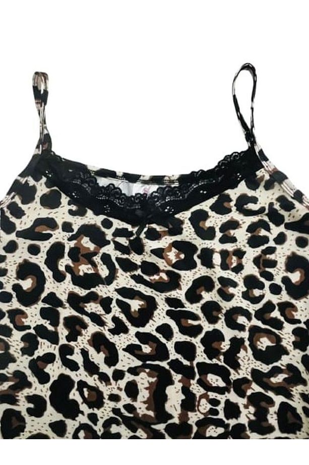 Kadın Milan Kumaş Leopar Desen Yaka ve Paça Güpürlü İp Askı Şortlu Pijama Takımı - 2