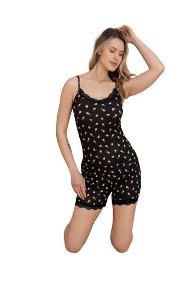 Kadın Milan Kumaş Siyah Limon Desenli Yaka ve Paça Güpürlü İp Askı Şortlu Pijama Takımı - 1