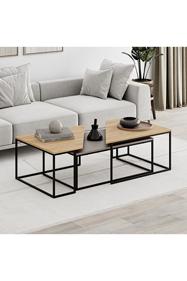 Modern OhLady Coffee Table 3-Piece Centre Table 110(W)cm Metal Frame Legs Light Mocha