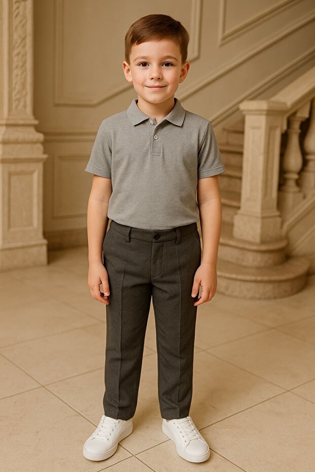 Polo Neck Short Sleeve Gray Melange School T-Shirt