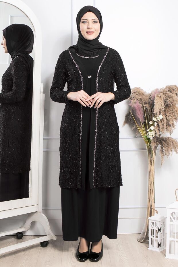 Stone Embroidery Detailed Evening Dress Black Tbsmda2315