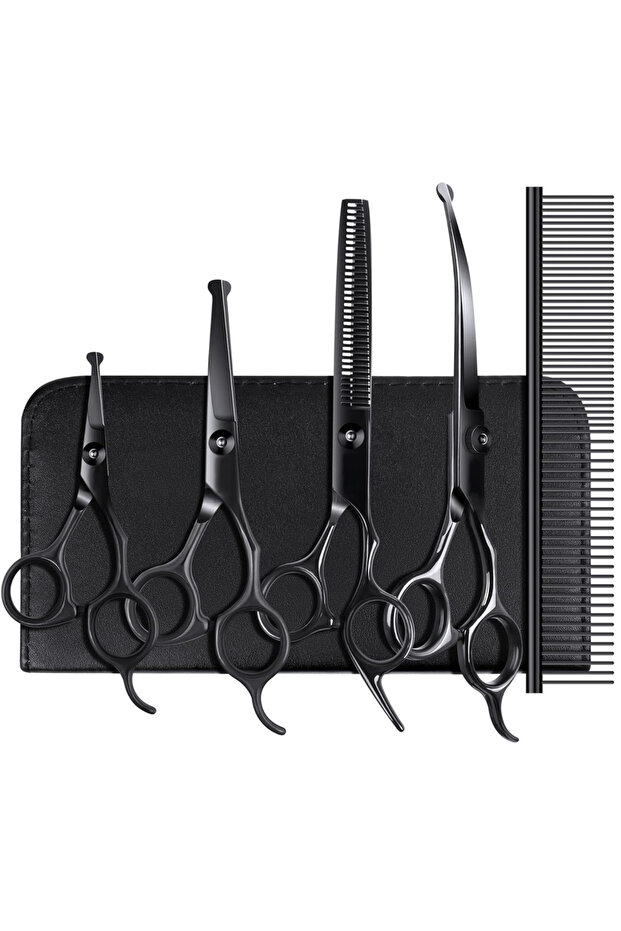 BlackRound Stainless Steel Pet Grooming Scissors Set for Right Hand Users - 4 Piece Kit with Safety