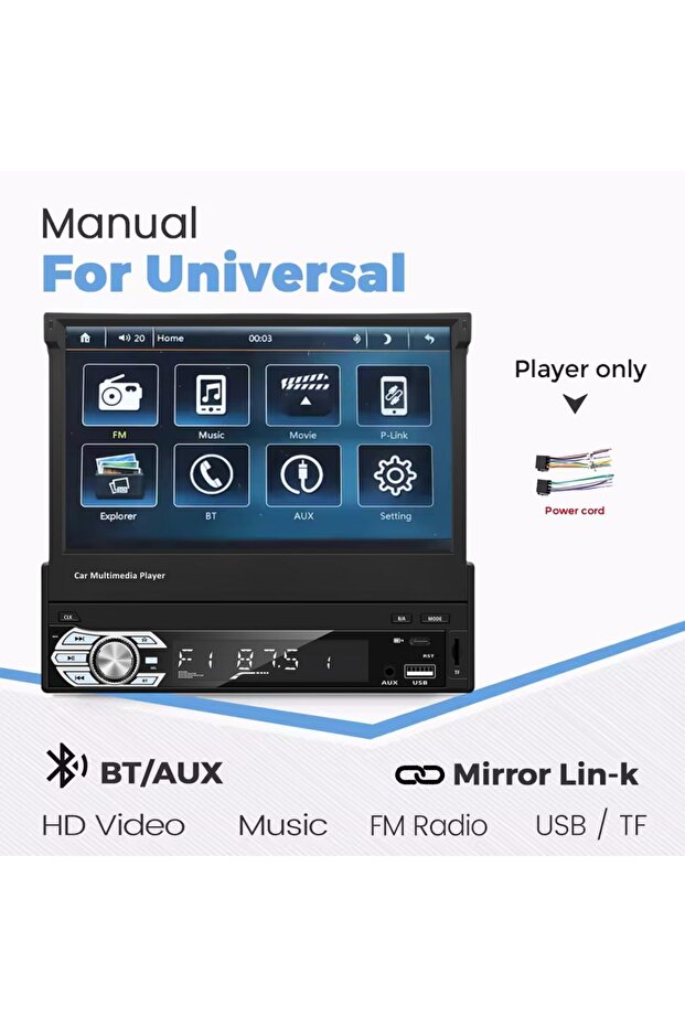 مشغل MP5 عالمي 1 Din Carplay Android Auto أسود اللون بشاشة لمس قابلة للسحب مقاس 7 بوصات ومشغل سيارة عالي الدقة