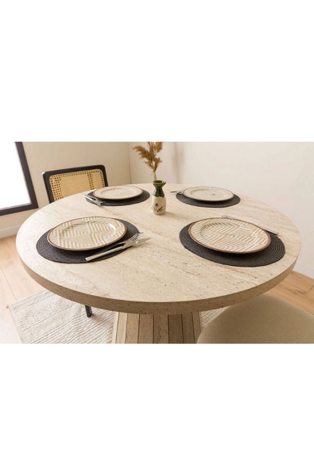 Traverten desen Ahşap Mdf Yuvarlak 90cm Çapında Sabit Mermer Desenli 4-5 kişilik Mutfak Masası - 3