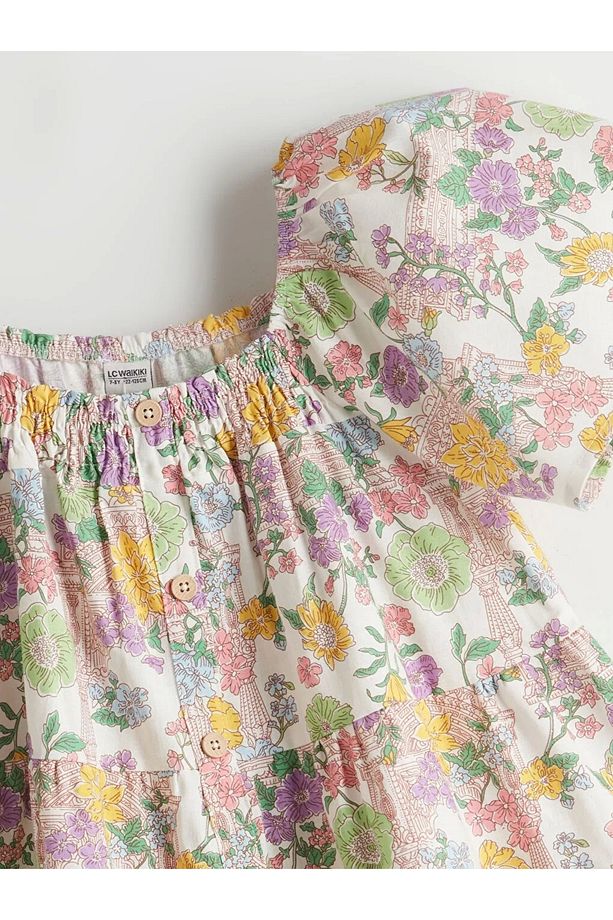 LCW Kids Ekru Kare Yaka Çiçekli Kız Çocuk Elbise - 4