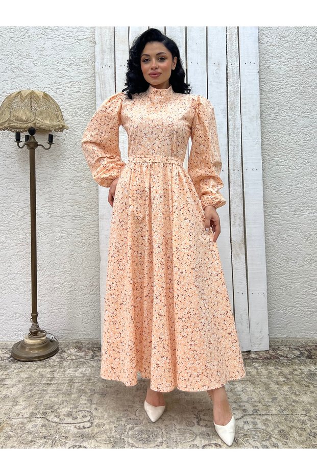 Hijab Salmon Daisy Flared Poplin Dress