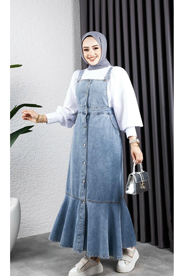 Women's Strap Skirt with Rubbed Denim Salopette