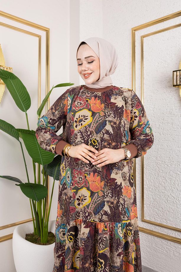 Kadın Astarlı Şifon Desenli Elbise - 6