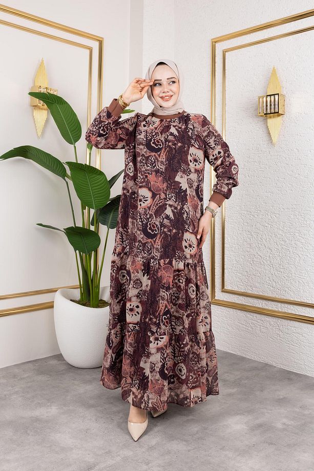 Kadın Astarlı Şifon Desenli Elbise - 3