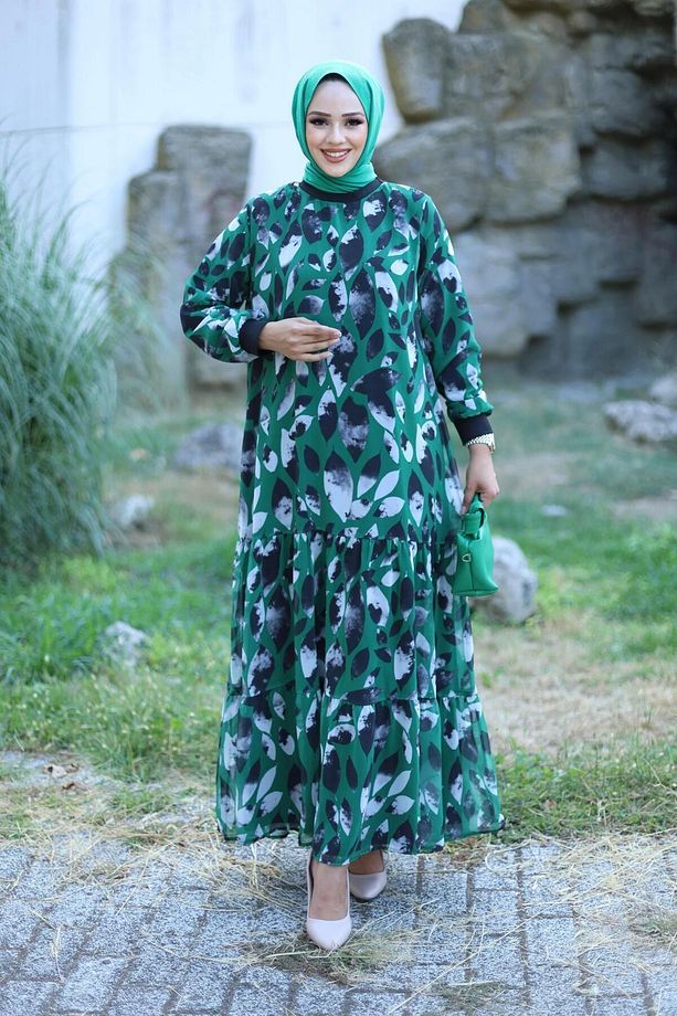 KADIN ASTARLI ŞİFON DESENLİ ELBİSE - 3