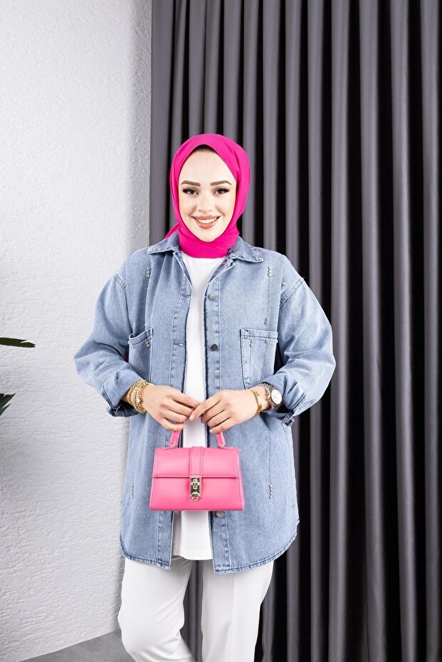 Women's Stone Detailed Snow Washed Denim Jeans Jacket