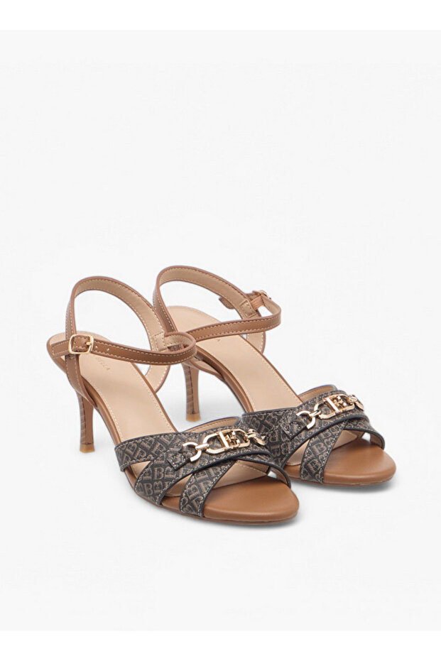 Monogram Print Sandals with Stiletto Heels and Buckle Closure