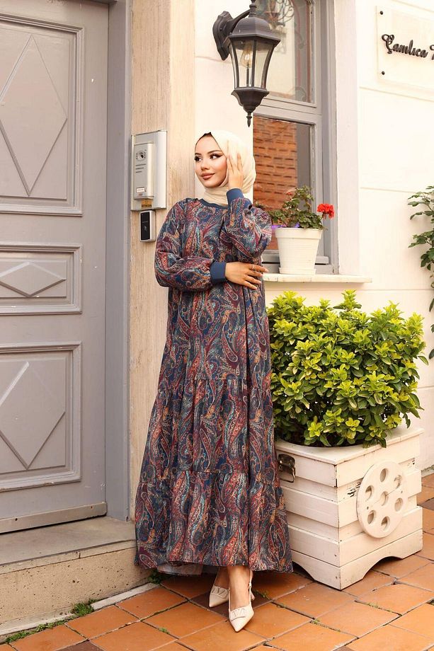 KADIN ASTARLI ŞİFON DESENLİ ELBİSE - 2