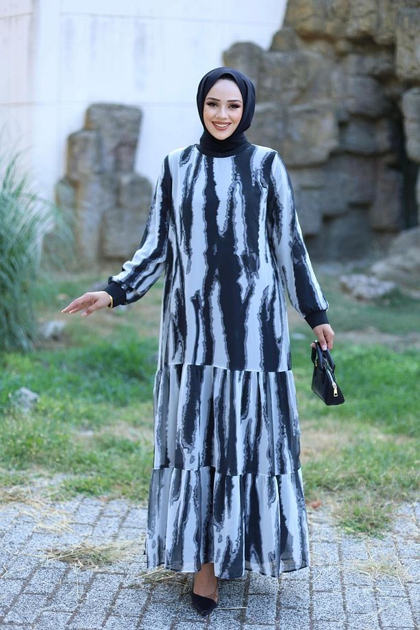 KADIN ASTARLI ŞİFON DESENLİ ELBİSE - 3