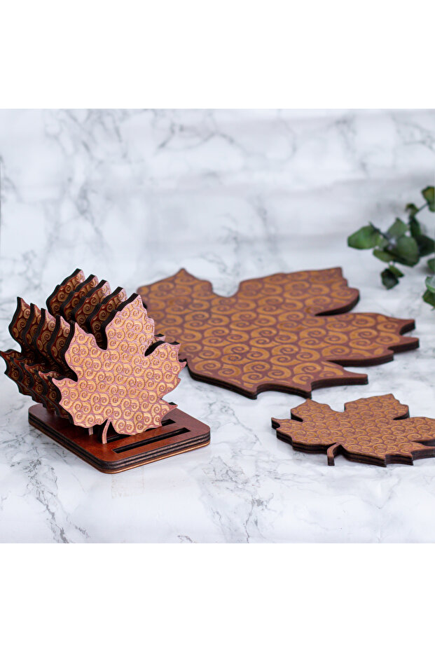 Huş Ahşap Yaprak Desenli Nihale ve 6’lı Bardak Altlığı Seti - Otantik - Nostaljik - 3