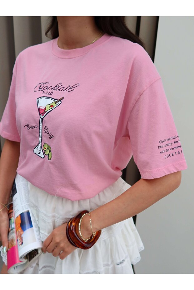 Cocktail Baskılı Oversize Tshirt - 6