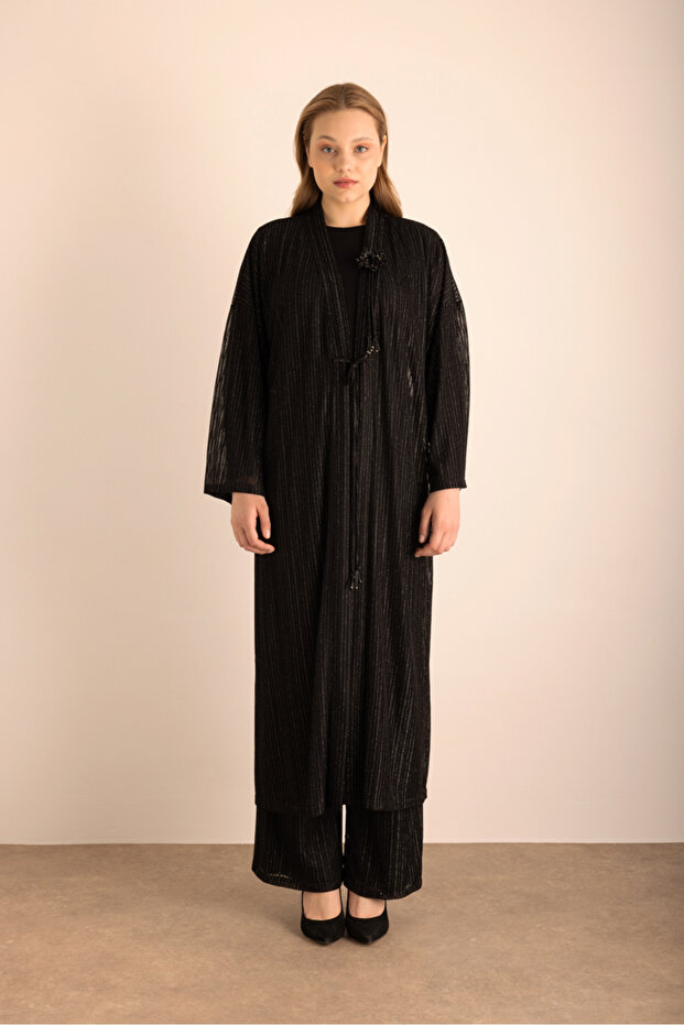 Çiçek Broş Detaylı Örme Simli Kimono - 3