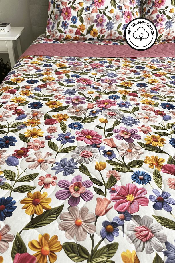 %100 Pamuk Kapitone Dijital Baskılı Yatak Örtüsü – Botanic Bloom Tek Kişilik 160x230 cm - 1
