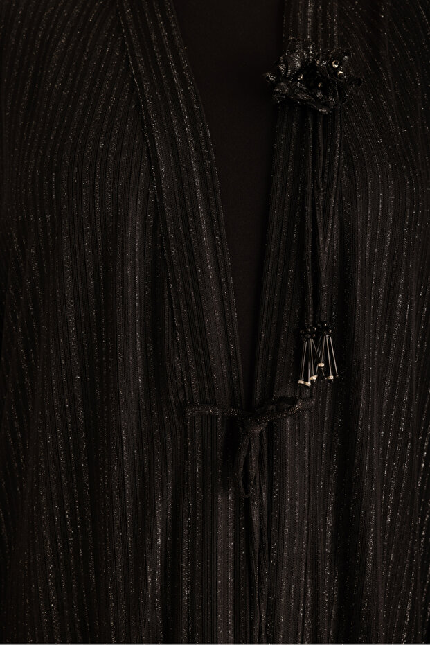 Çiçek Broş Detaylı Örme Simli Kimono - 5