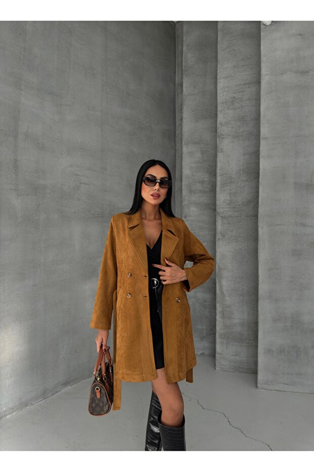 Belted Suede Jacket with Pockets - 1