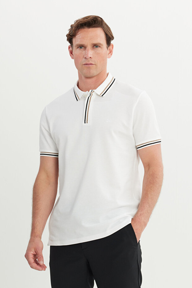 Erkek Beyaz %100 Pamuk Slim Fit Dar Kesim Polo Yaka Tişört - 1