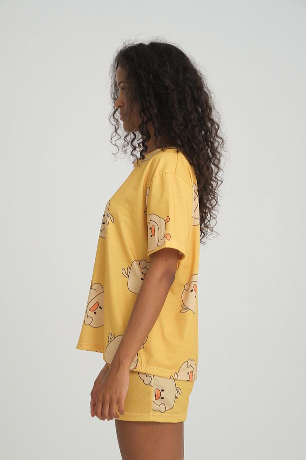 iLove Kısa Kollu Şort Kadın Pijama Takımı Örme Kumaş Pamuklu Civciv Desenli SüperSoft - 3