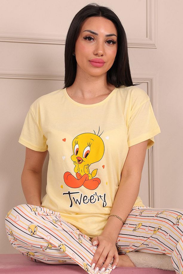 Tweety Desenli KIsa Kol Alt Uzun Pijama Takımı SARI - 3