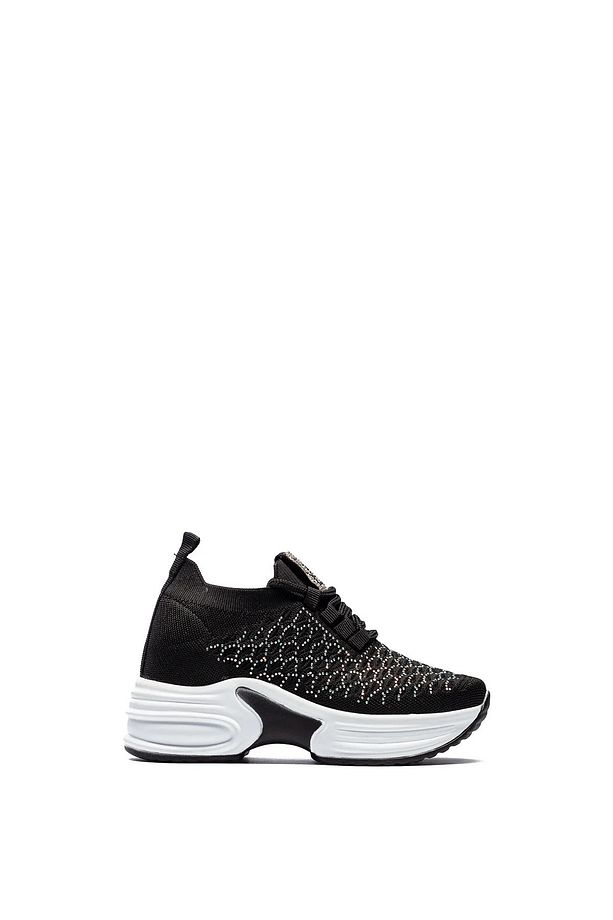 KADIN SİYAH GİZLİ TOPUK TAŞLI YÜKSEK TABAN TRİKO SNEAKER AYAKKABI - 4