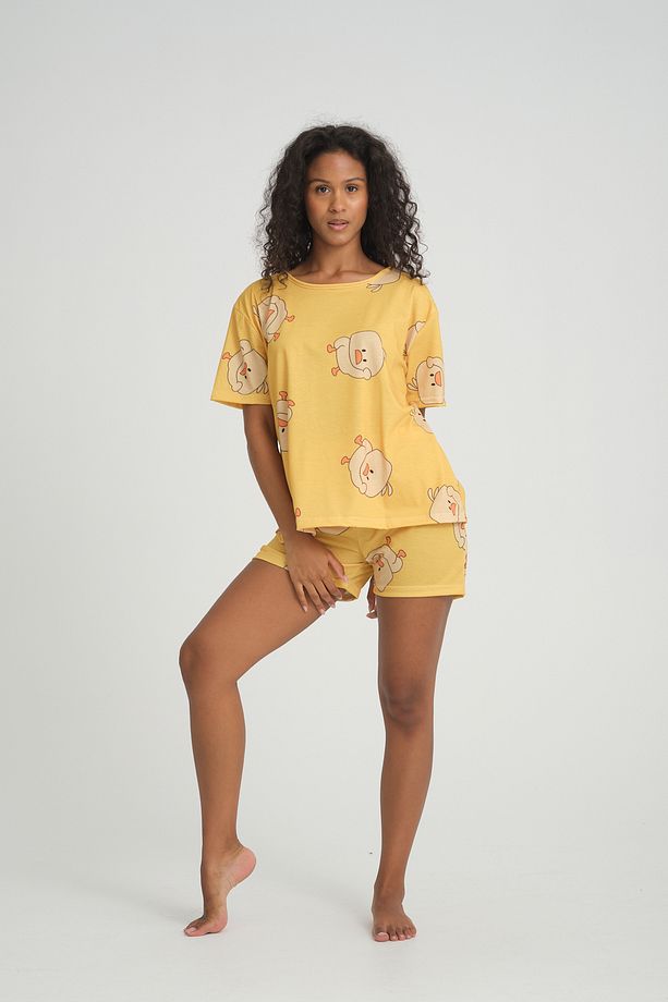 iLove Kısa Kollu Şort Kadın Pijama Takımı Örme Kumaş Pamuklu Civciv Desenli SüperSoft - 2