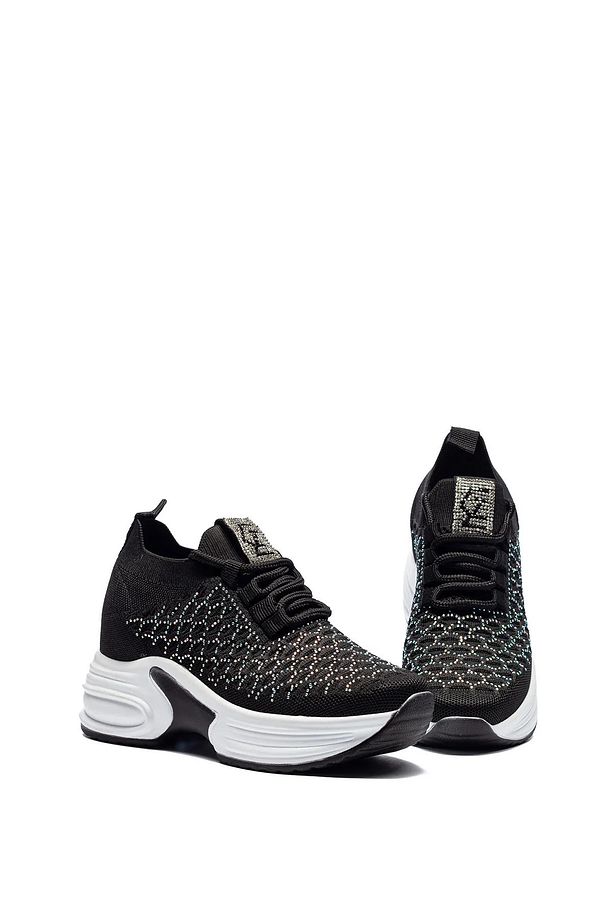KADIN SİYAH GİZLİ TOPUK TAŞLI YÜKSEK TABAN TRİKO SNEAKER AYAKKABI - 5