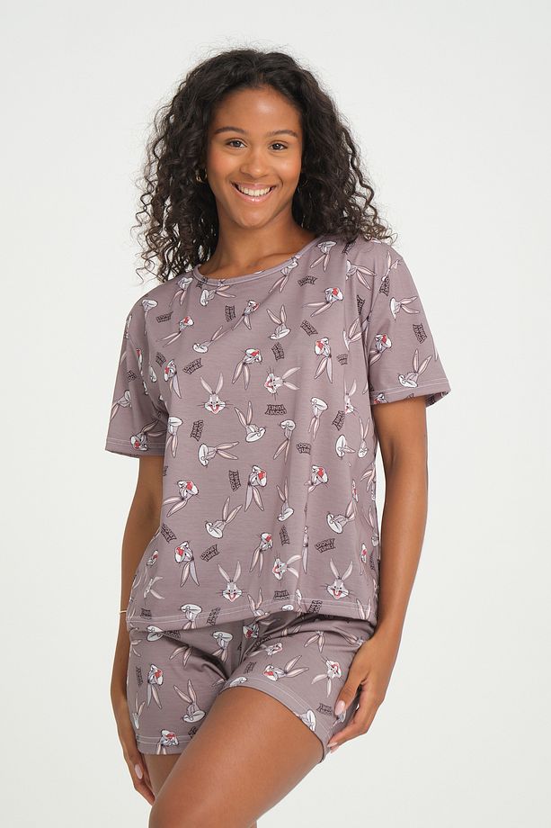 iLove Kısa Kollu Şort Kadın Pijama Takımı Örme Kumaş Pamuklu Bugs Desenli SüperSoft - 1