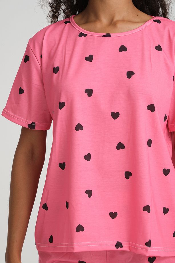 iLove Kısa Kollu Şort Kadın Pijama Takımı Örme Kumaş Pamuklu Siyah Kalpli Desenli SüperSoft - 6