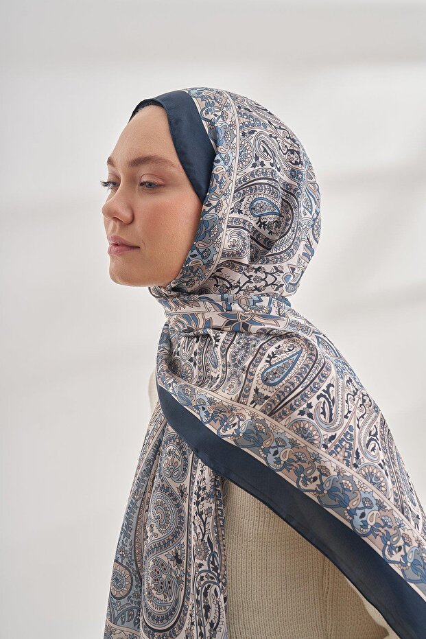 Ethnic Voile Pashmina Pattern Shawl - Navy Blue - 6035-190