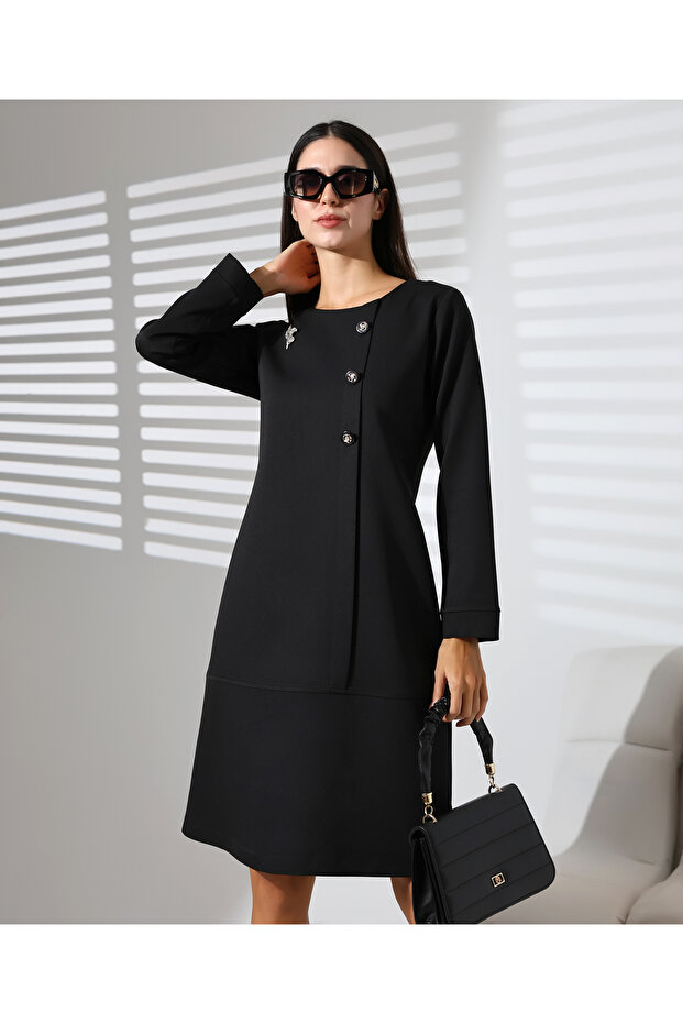 Buttoned Front and Brooch Dress