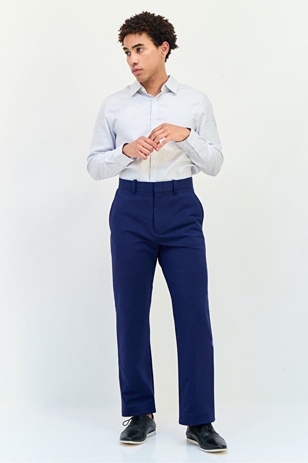 Men Regular Fit Solid Straight Pants, Navy - 3