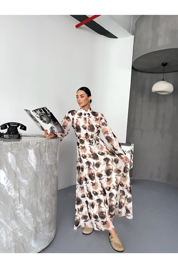 Belted Patterned Chiffon Dress