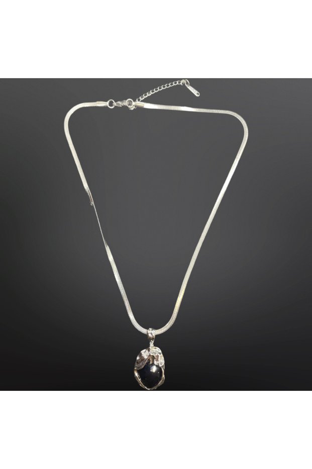 Italian Chain with Black Onyx Natural Stone Antiallergic, 316L Steel Silver Color Necklace - Mysterious Elegance