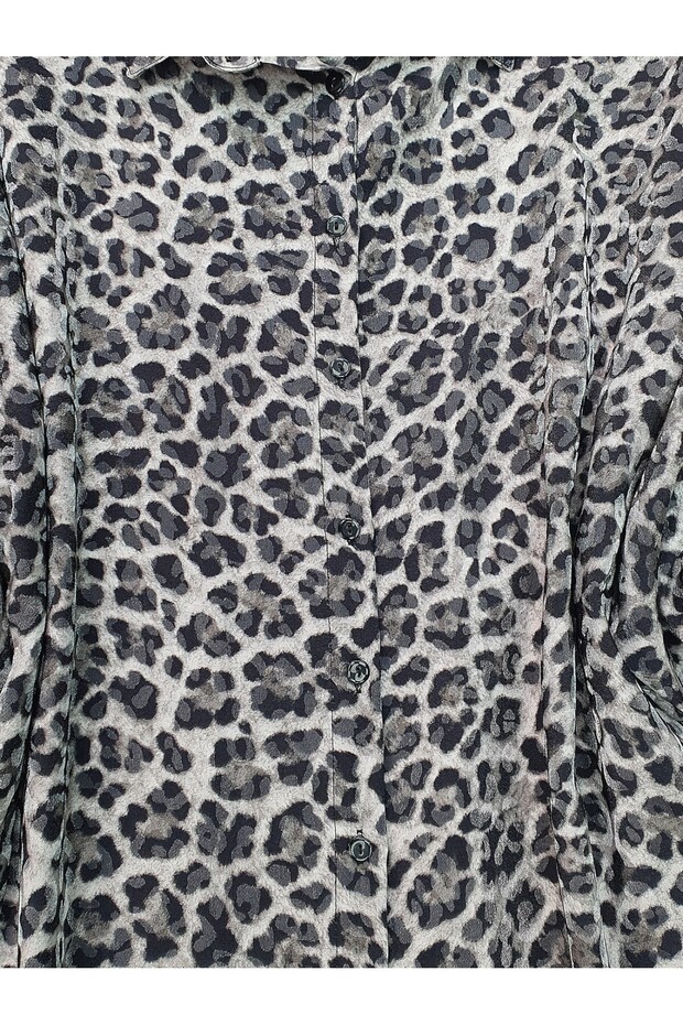 Leopard Pattern Buttoned Oval Cut Shirt - Gray - 3