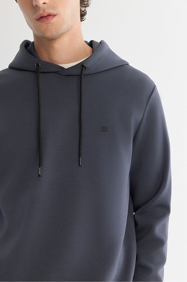 Erkek Antrasit Kapüşonlu Esnek Yumuşak Doku Interlok Kumaş Sweatshirt B001101 - 2