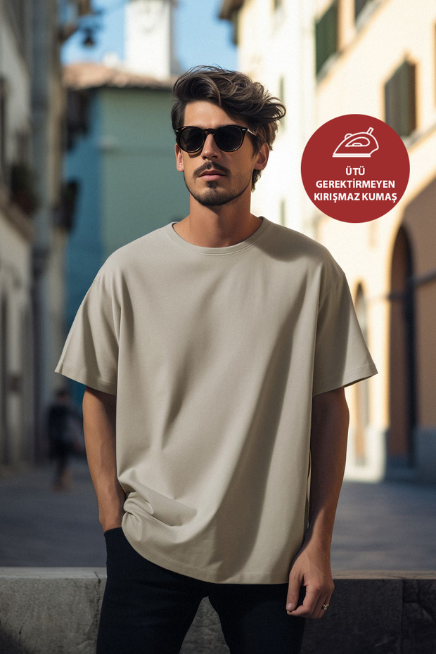 Men's Oversize Modal T-Shirt No-Ironing Easy Wrinkle-Resistant Heavy Fabric Basic T-Shirt Bol Wide Fit