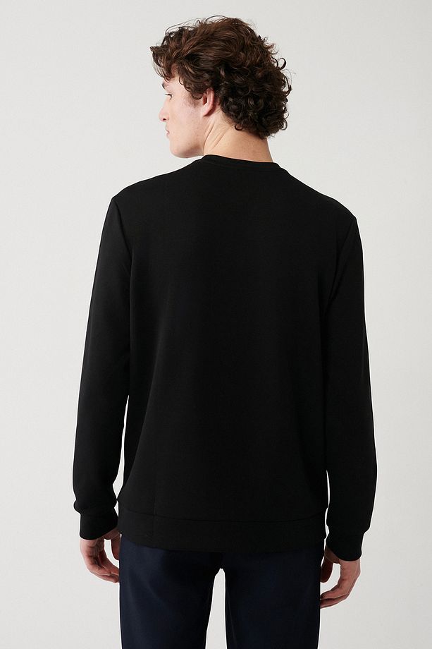 Erkek Siyah Bisiklet Yaka Esnek Yumuşak Doku Interlok Kumaş Sweatshirt B001100 - 4