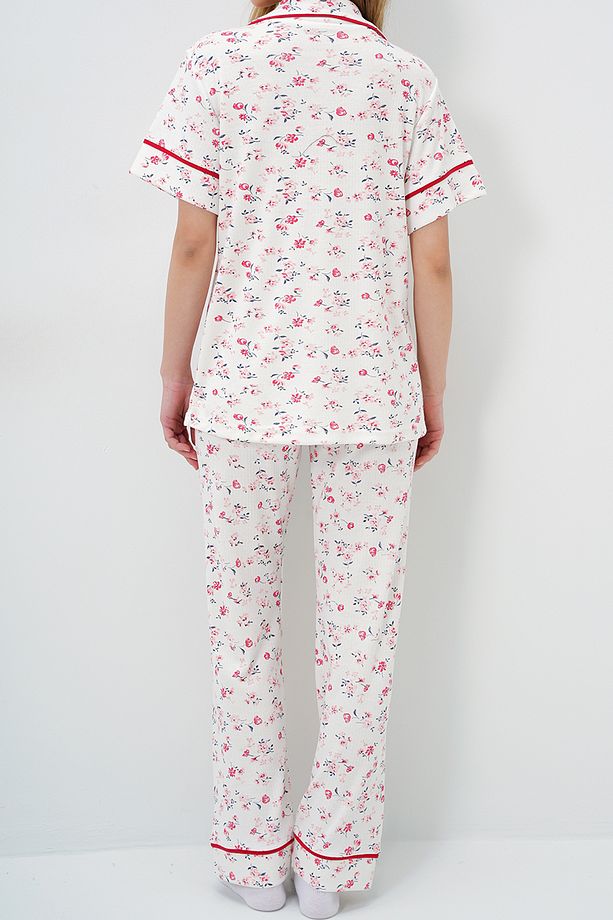 Kadın Mikro Çiçek Nar Tek Cepli Biye Detaylı Pamuklu Gömlek Ve Pantolonlu Pijama Takımı - 5