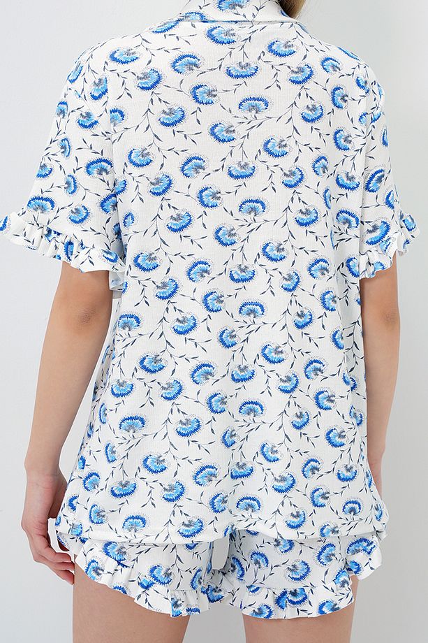 Kadın Zambak Mavi Tek Cepli Kolları Ve Paçası Fırfırlı Pamuklu Gömlek Ve Şortlu Pijama Takımı - 5