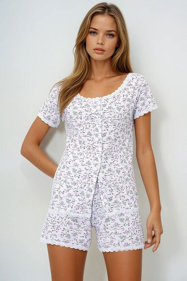 Kadın Mikro Çiçek Mor Fisto Detaylı Pamuklu Geniş Yaka Gömlek Ve Şortlu Pijama Takımı Pjmx13899 - 2