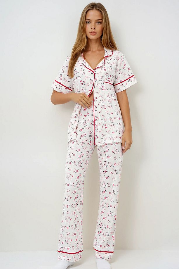 Kadın Mikro Çiçek Nar Tek Cepli Biye Detaylı Pamuklu Gömlek Ve Pantolonlu Pijama Takımı - 1