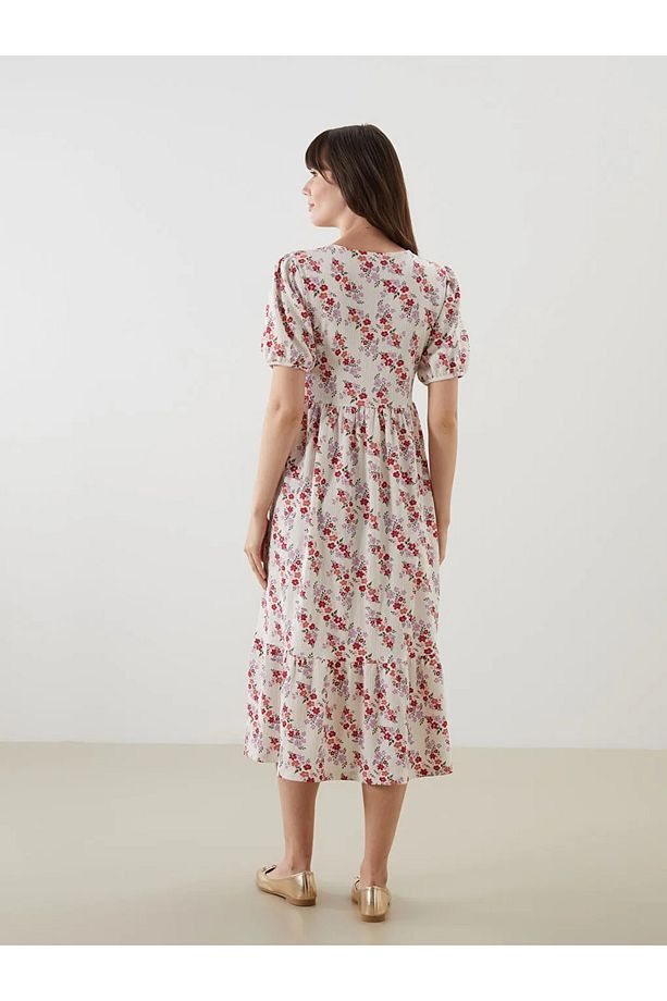LCW Comfort Ekru V Yaka Çiçekli Kadın Elbise - 4
