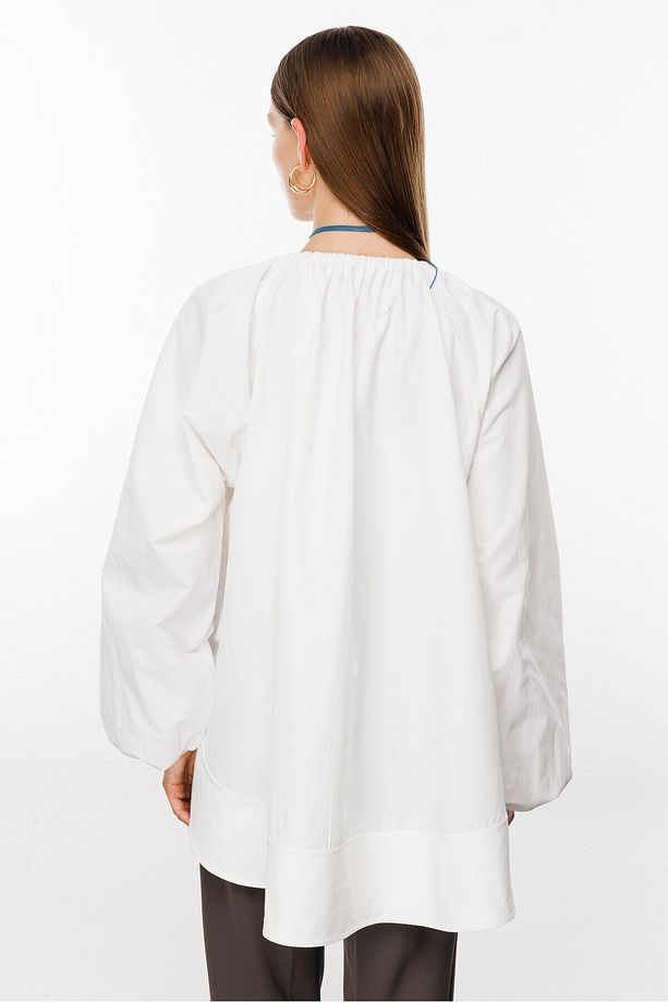 Ekru Volanlı Poplin Bluz - 8